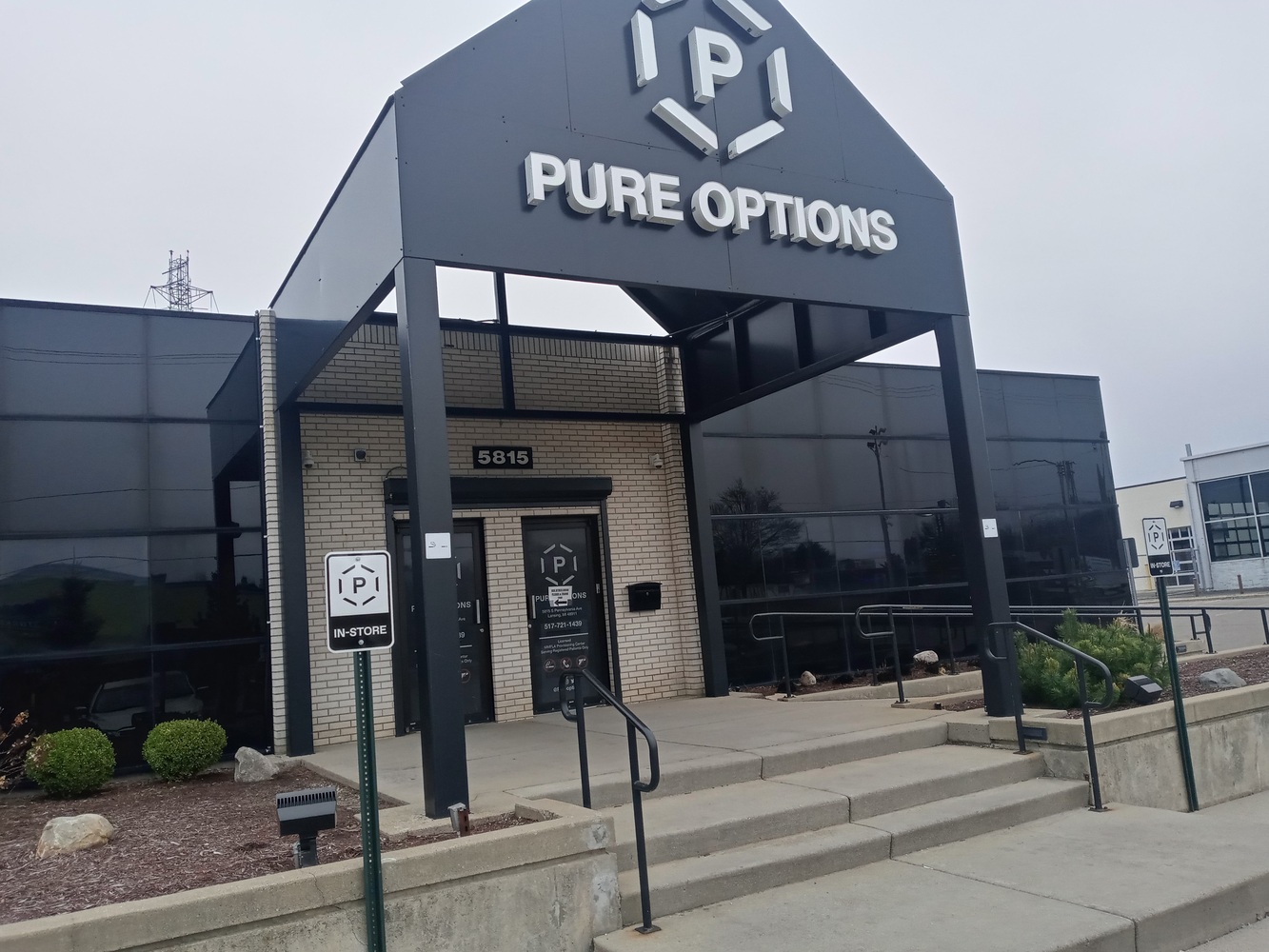 The front entrance of the Pure Options Weed Dispensary in Lansing South